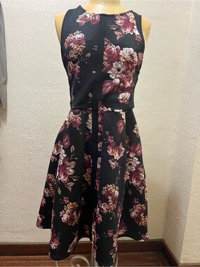 Black Fit and Flare Scuba Dress with Burgundy and Cream Flowers